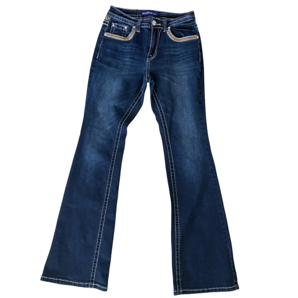 Y2K Westfield Eagle Jeans Junior 7 Bootcut Mob Wife Bling Embellished Denim Blue